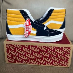 Yellow & Blue high top Vans with tags and box. Men’s 7.5 Women’s 9